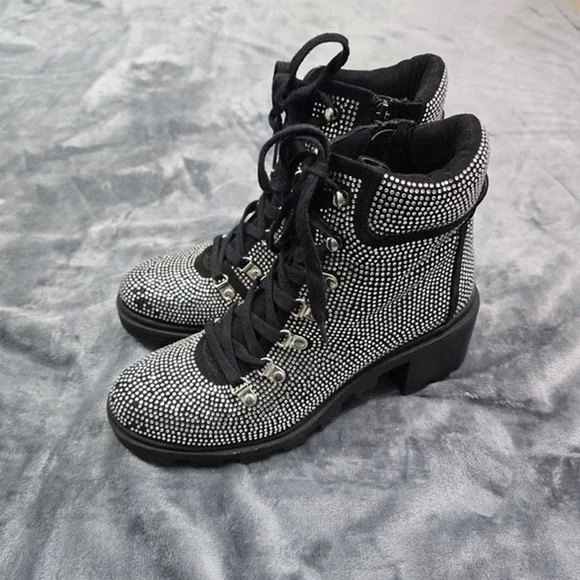 ShoeDazzle Rhinestone Combat Boots Women 8.5 Black Chunky Heel Party Ready - Picture 3 of 11